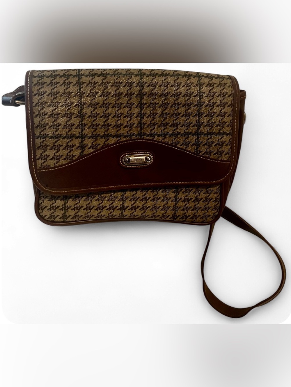 Vintage Esprit Tan & Brown Houndstooth with Dark Green Stripes Crossbody Bag
